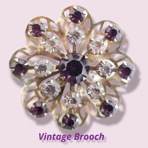 Vintage Brooch Purple and Diamond Rhinestones Mid-century